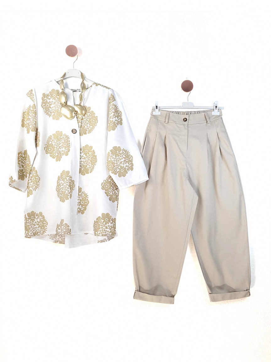 Λευκή μπλούζα με χρυσά λουλούδια - Λευκό