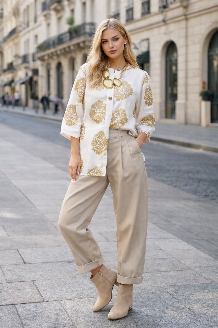 Λευκή μπλούζα με χρυσά λουλούδια - Λευκό