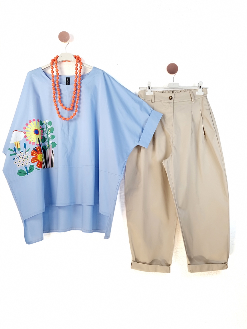 Σιέλ μπλούζα με λουλούδια - Σιέλ