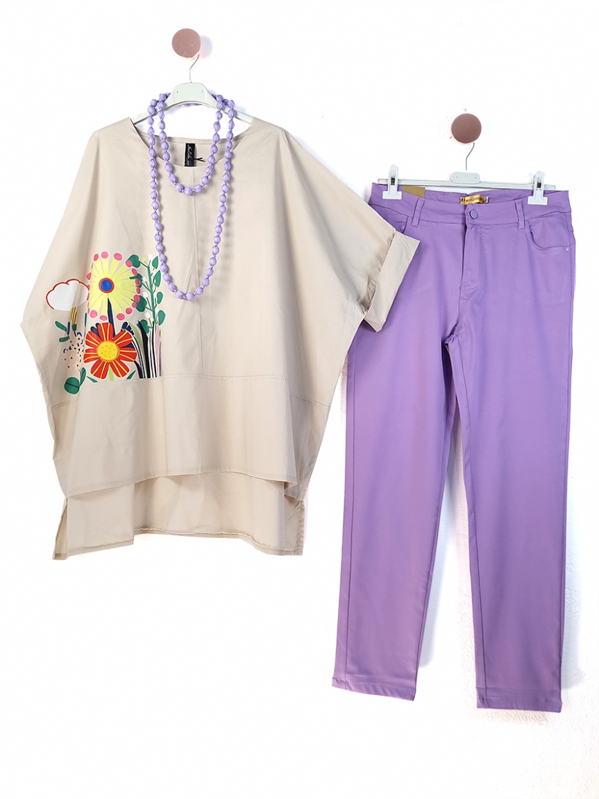 Μπεζ μπλούζα με λουλούδια - Μπεζ