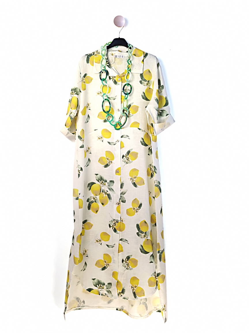 Λινό σεμιζιέ φόρεμα με λεμόνια - Εκρού