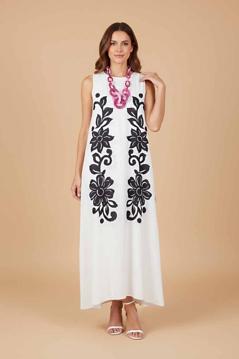 Λευκό φόρεμα με μαύρα λουλούδια - Λευκό