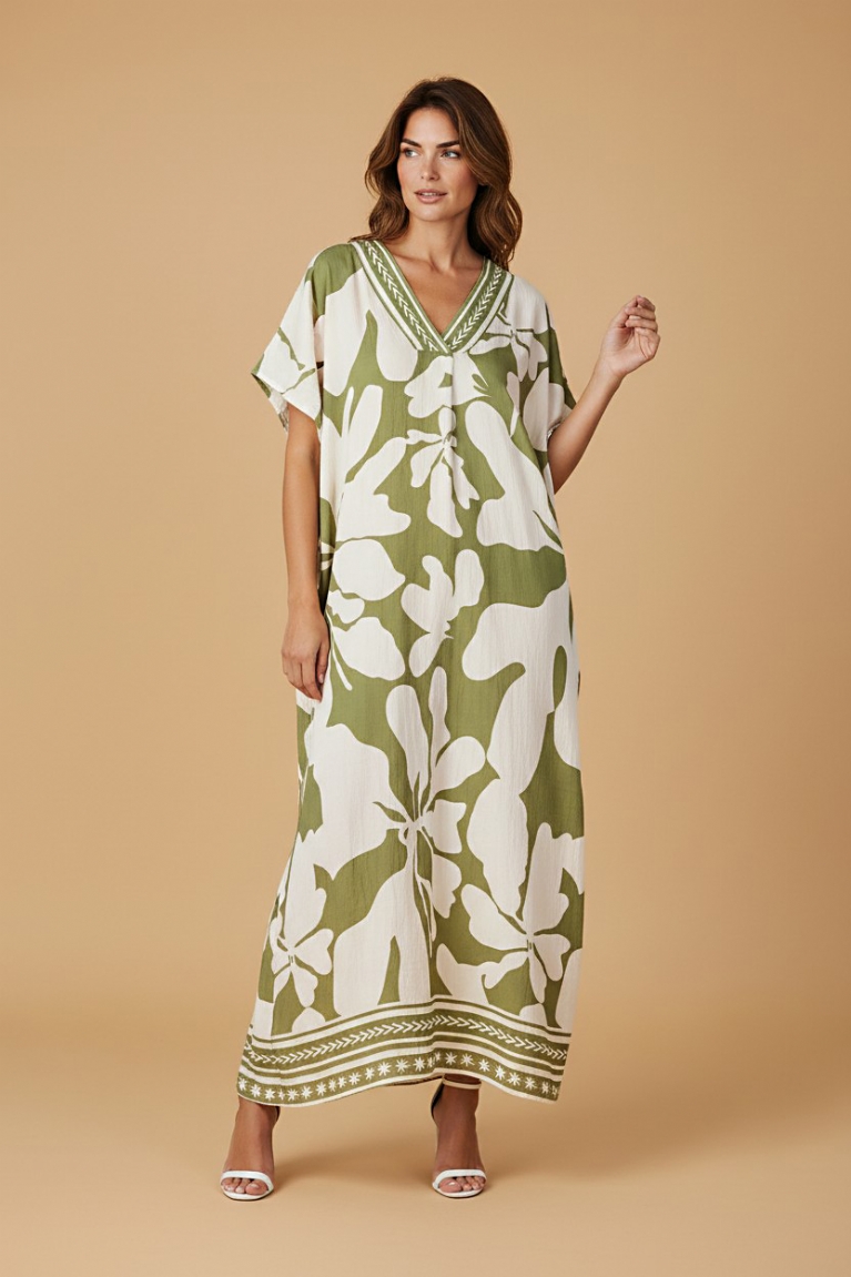 Boho φόρεμα με χακί pattern - Χακί