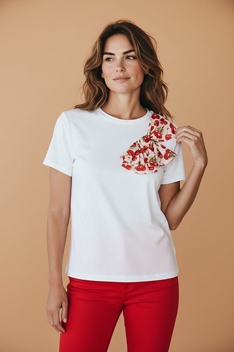 Μπλούζα φιόγκο με κεράσια - Λευκό