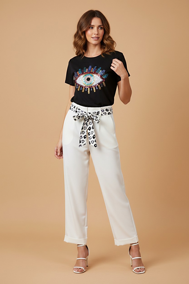 Παντελόνι με floral υφασμάτινη ζώνη - Λευκό