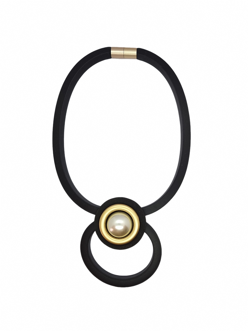 Κολιέ καουτσούκ και πέρλα - Μαύρο