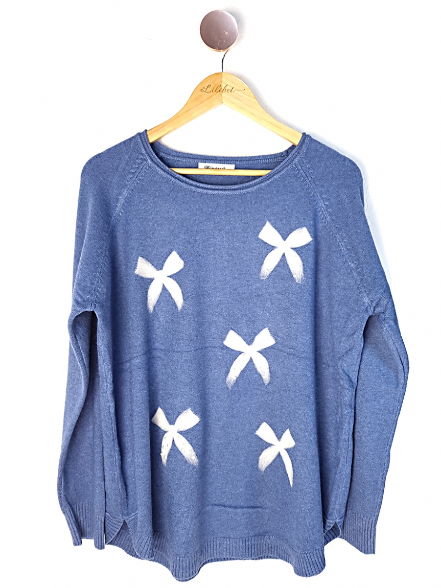 Προϊόν: Πλεκτή μπλούζα με πέρλες και φιογκάκια - Σιέλ Πλεκτή μπλούζα με πέρλες και φιογκάκια - Σιέλ