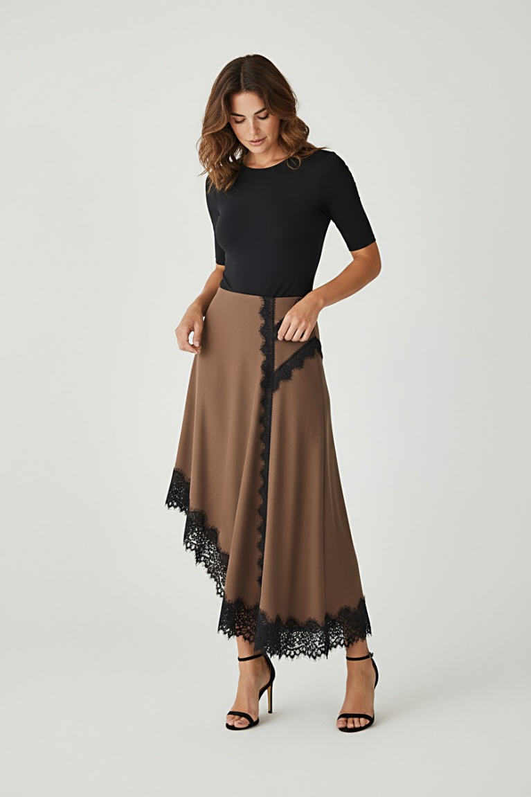 Φούστα με διακοσμητική δαντέλα - Καφέ