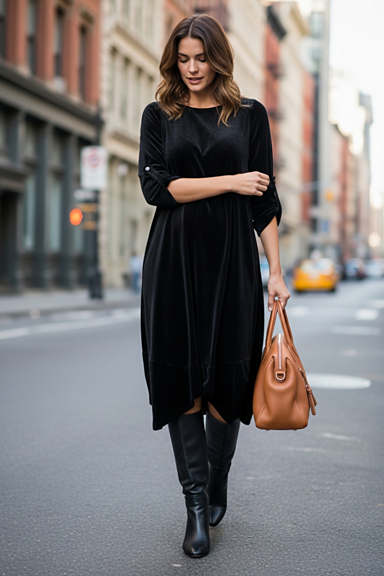 Βελούδινο μακρύ φόρεμα - Μαύρο