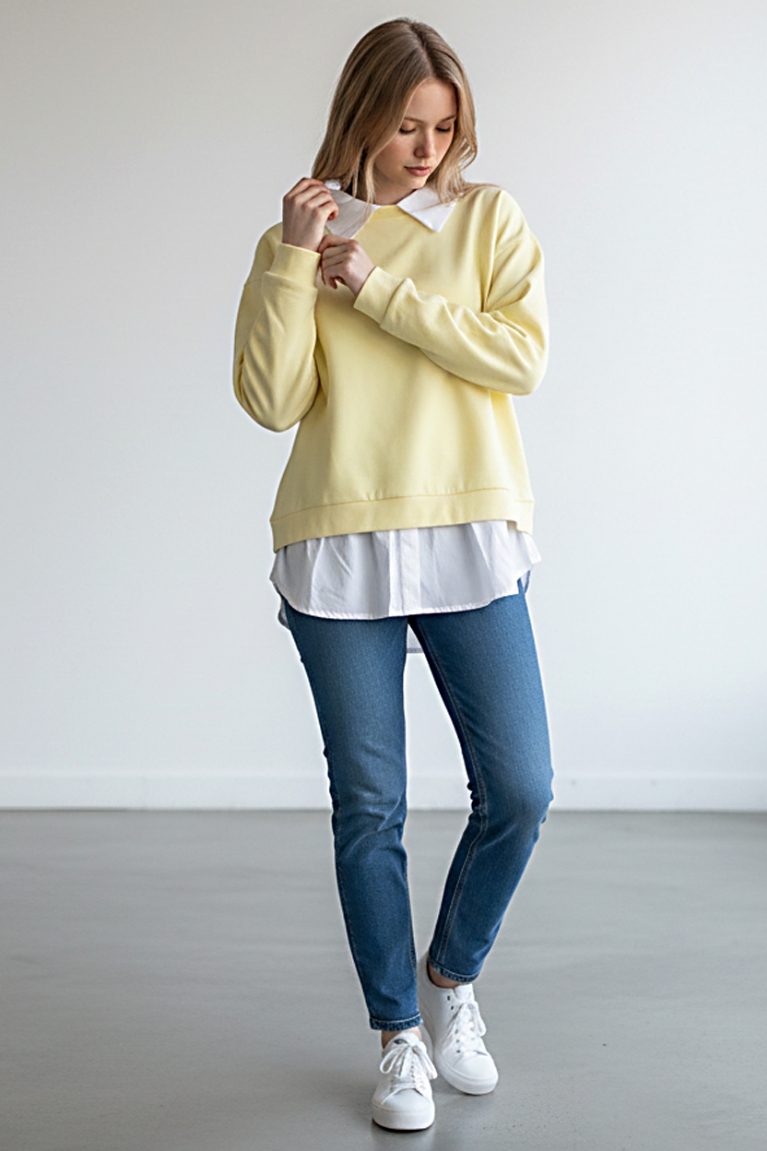 Μπλούζα βαμβακερή με ενσωματωμένο πουκάμισο - Κίτρινο