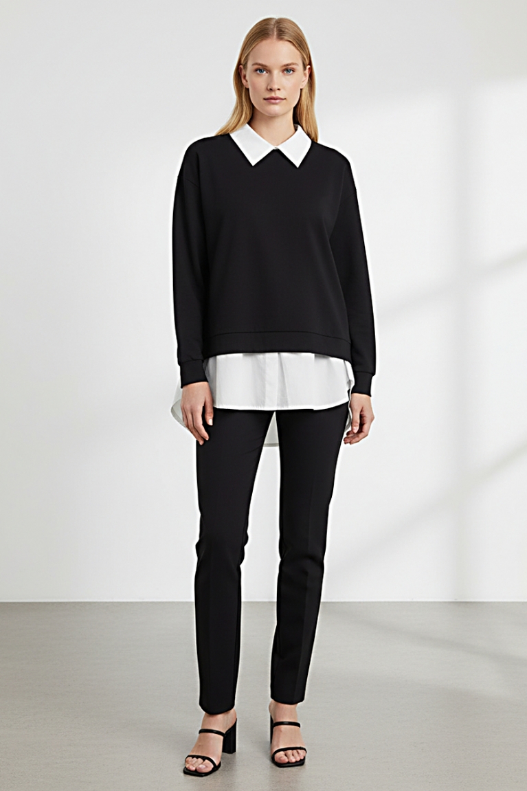 Μπλούζα βαμβακερή με ενσωματωμένο πουκάμισο - Μαύρο