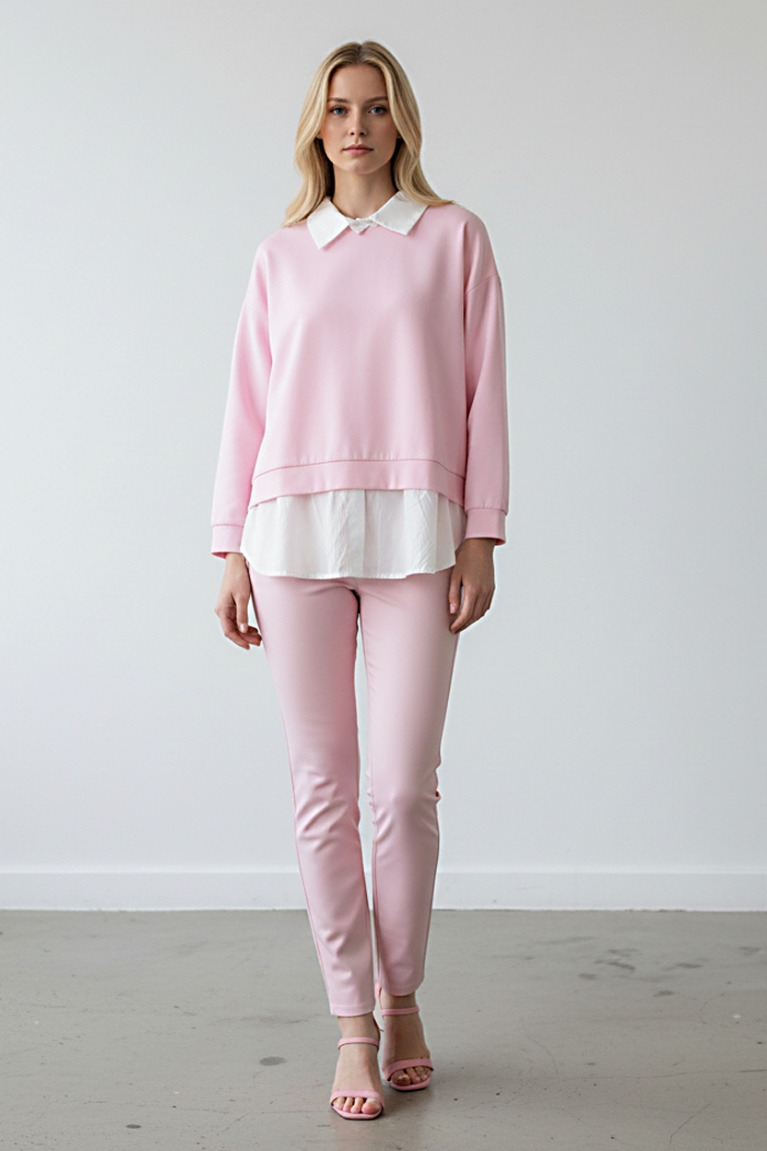 Μπλούζα βαμβακερή με ενσωματωμένο πουκάμισο - Ροζ