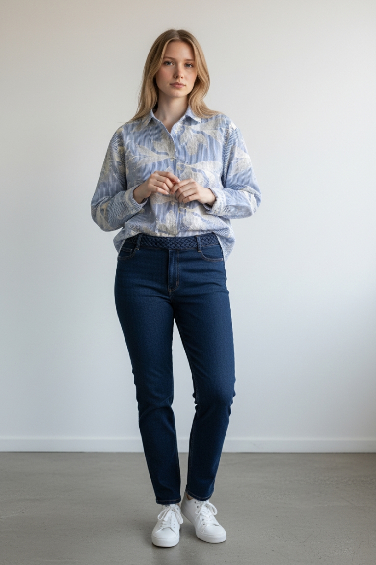 Ριγέ πουκάμισο με floral - Μπλε