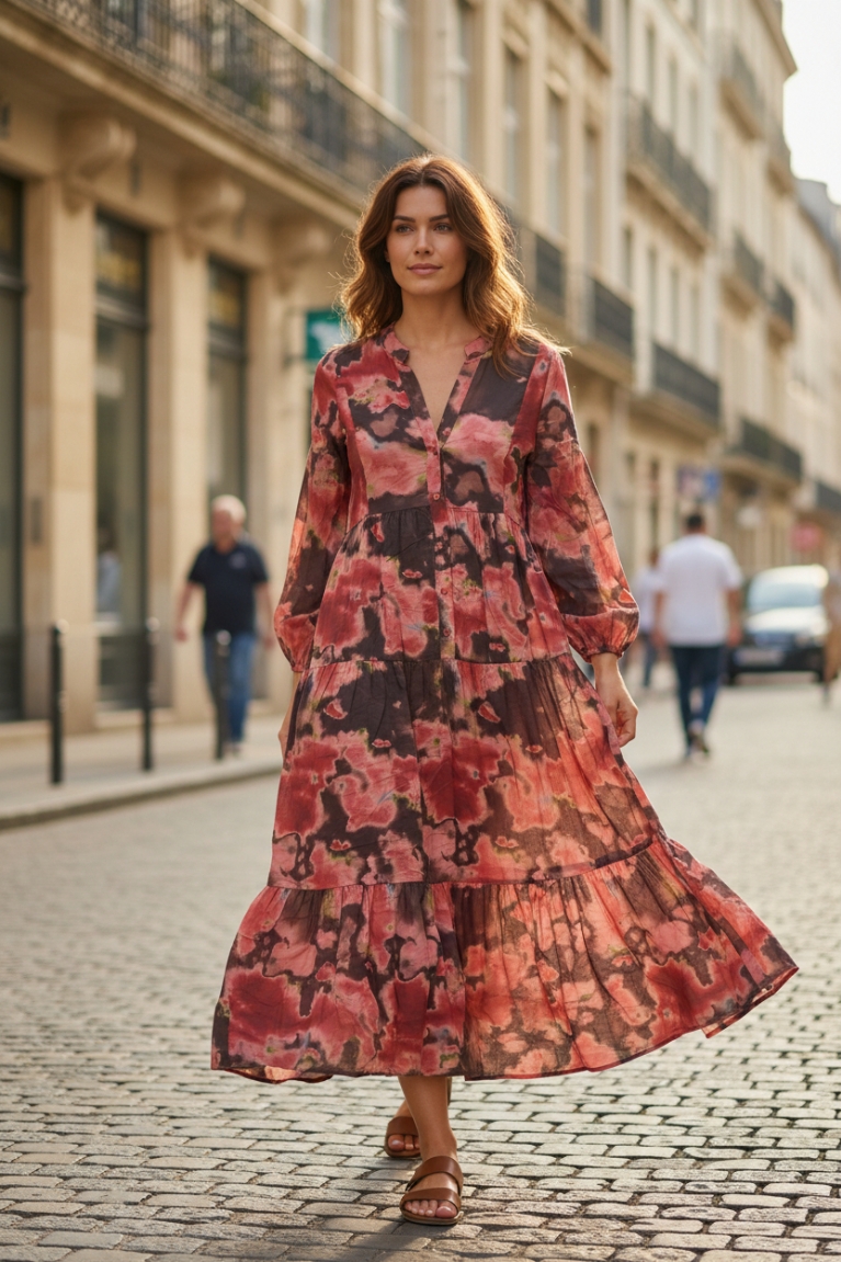 Εμπριμέ φόρεμα με βολάν - Μπορντό‎