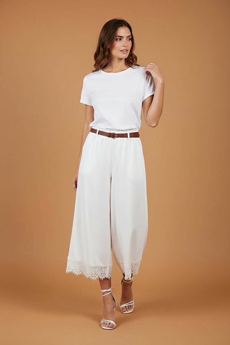 Άνετο παντελόνι με δαντέλα - Λευκό
