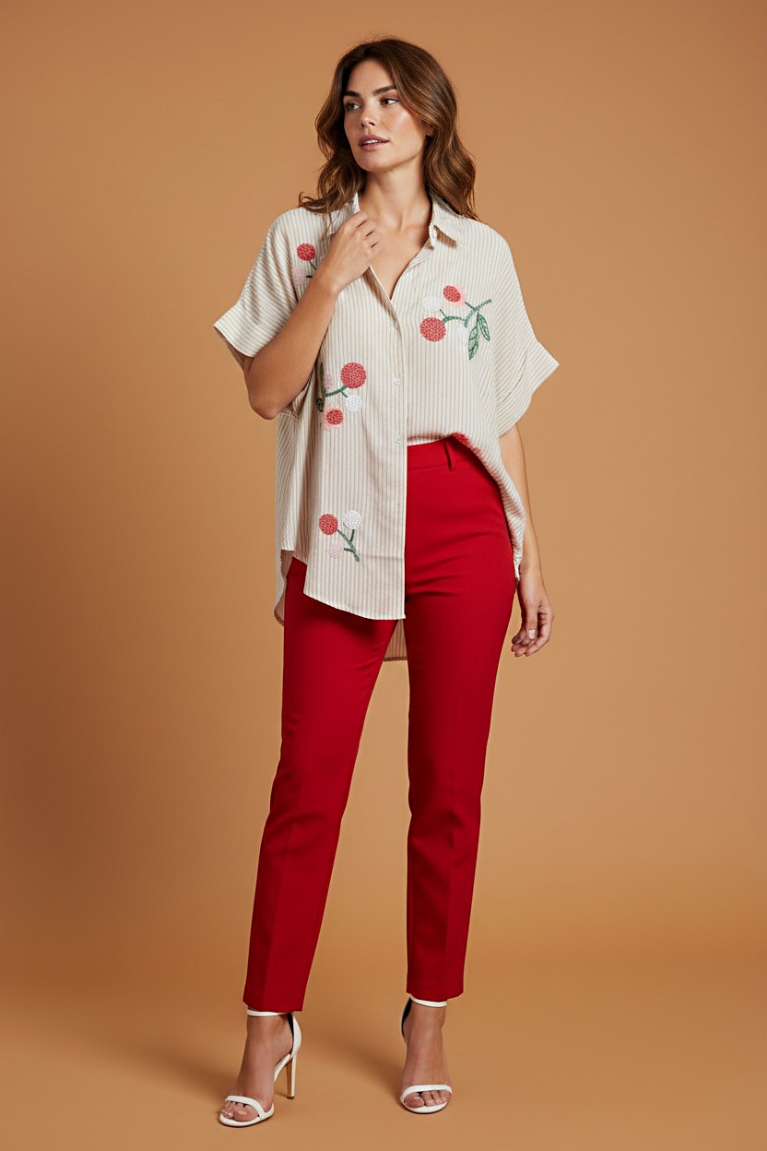 Ριγέ πουκάμισο floral - Μπεζ